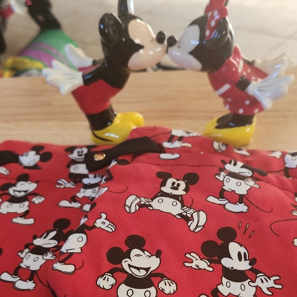 Mickey and Minnie Mouse Salt And Pepper Shakers with Red Patterned Oven Mits